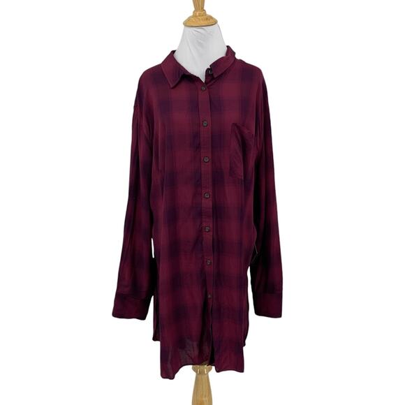 Ava & Viv Shirt Womens 3X Plus Berry Plaid Button Front Long Sleeve Shirttail - Picture 1 of 16